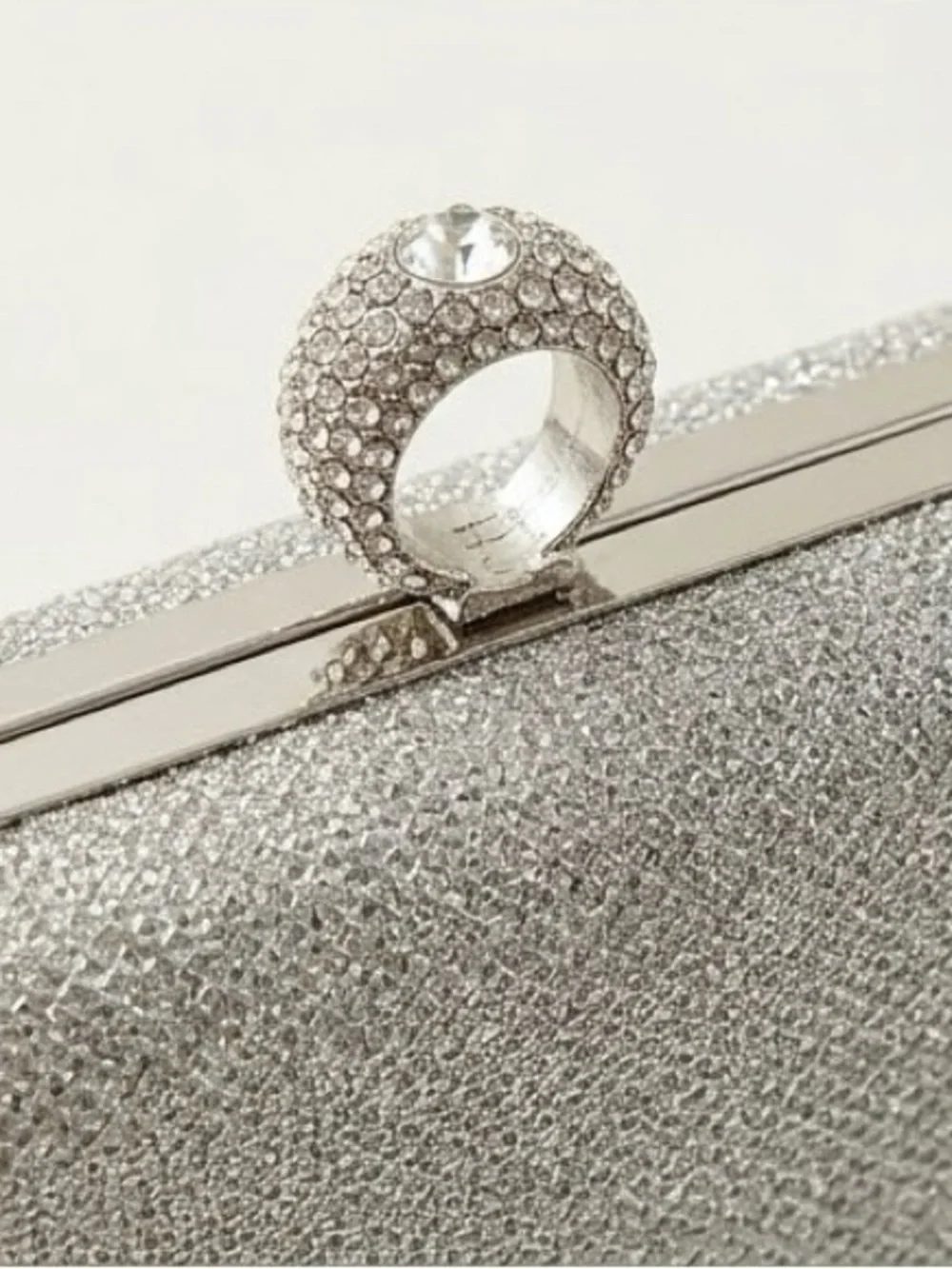 Silver Crystal-Ring Evening Clutch with Chain Strap